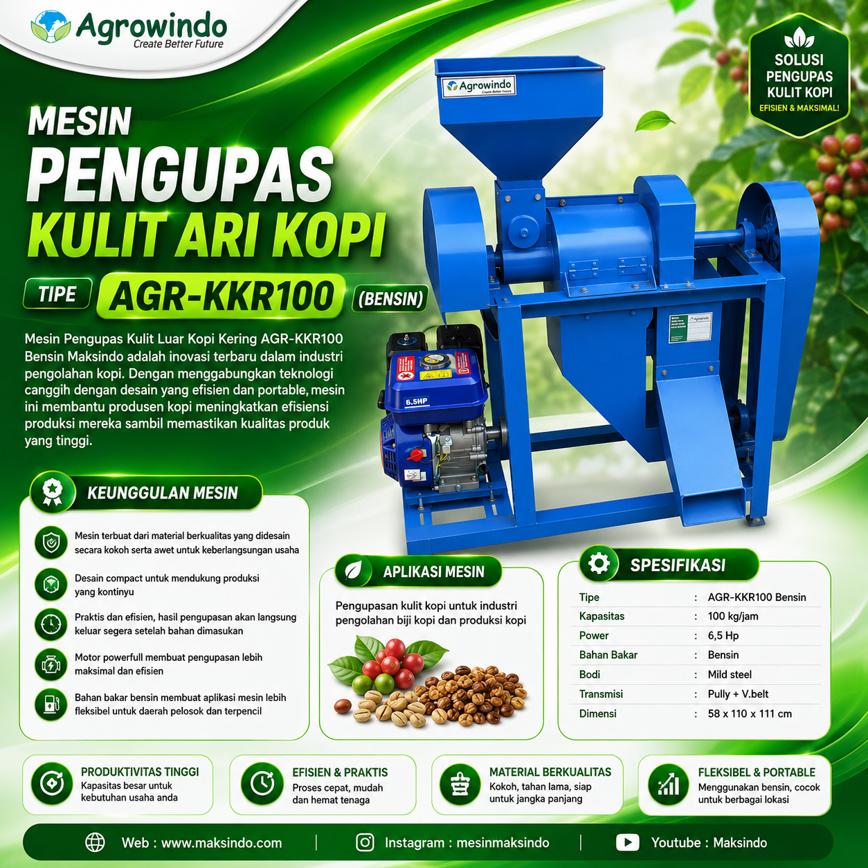 Mesin Pengupas Kulit Luar Kopi Kering AGR-KKR100 Bensin