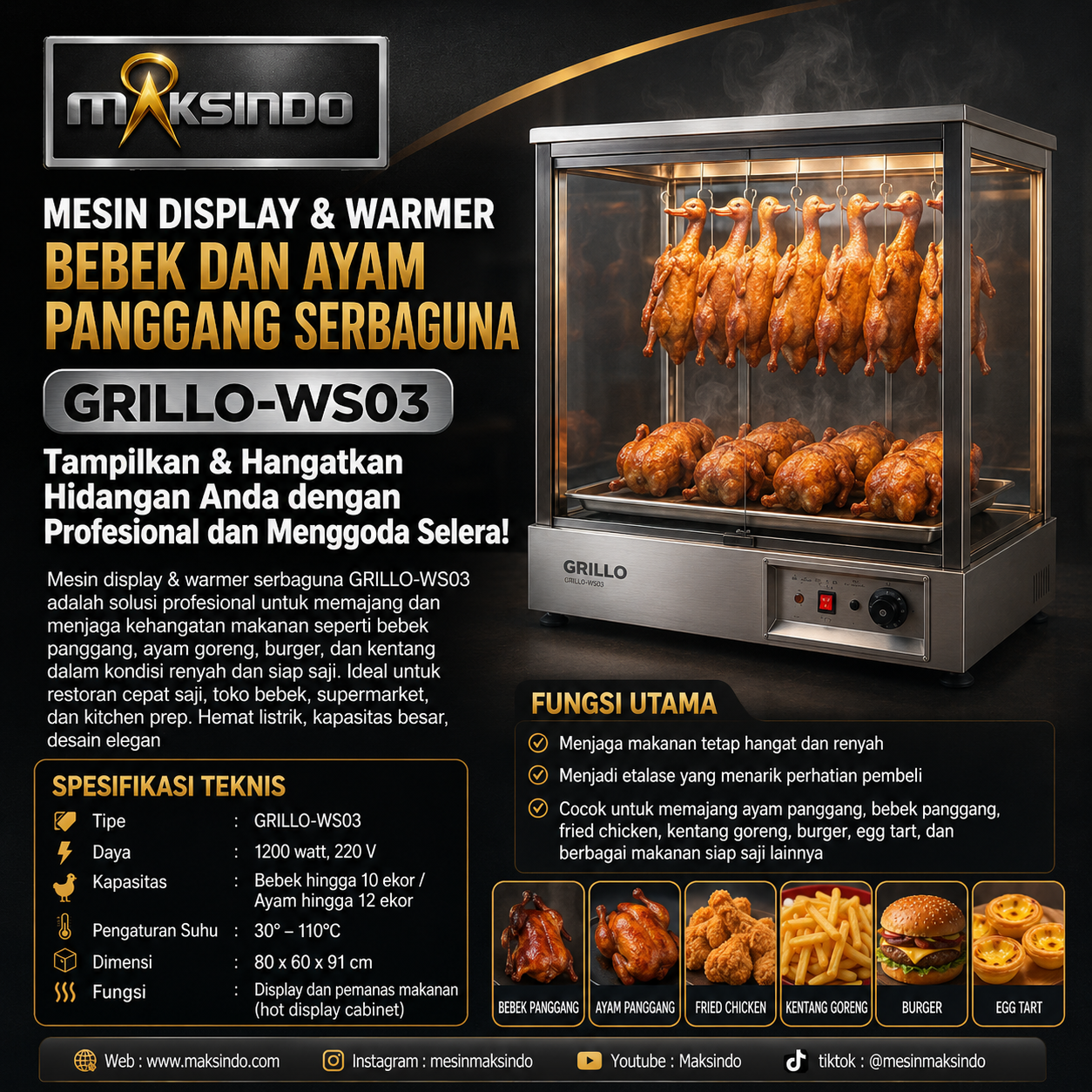 Mesin Display & Warmer Bebek dan Ayam Panggang Serbaguna GRILLO-WS03