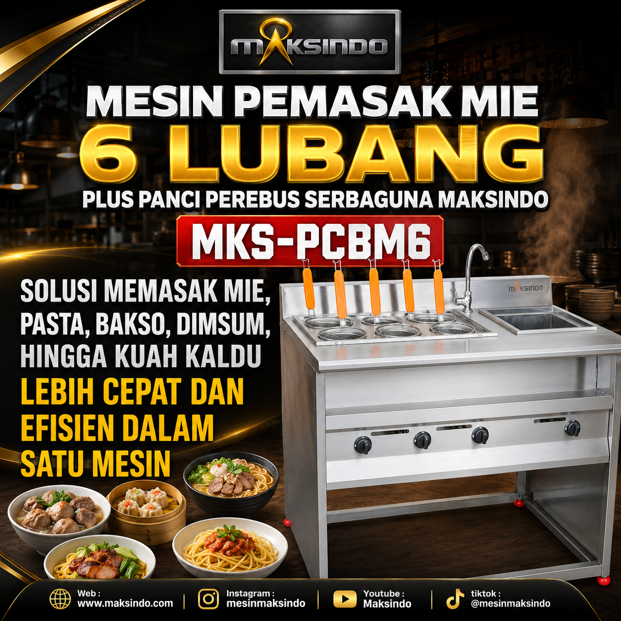 Mesin Pemasak Mie 6 Lubang Plus Panci Perebus Serbaguna Maksindo MKS-PCBM6