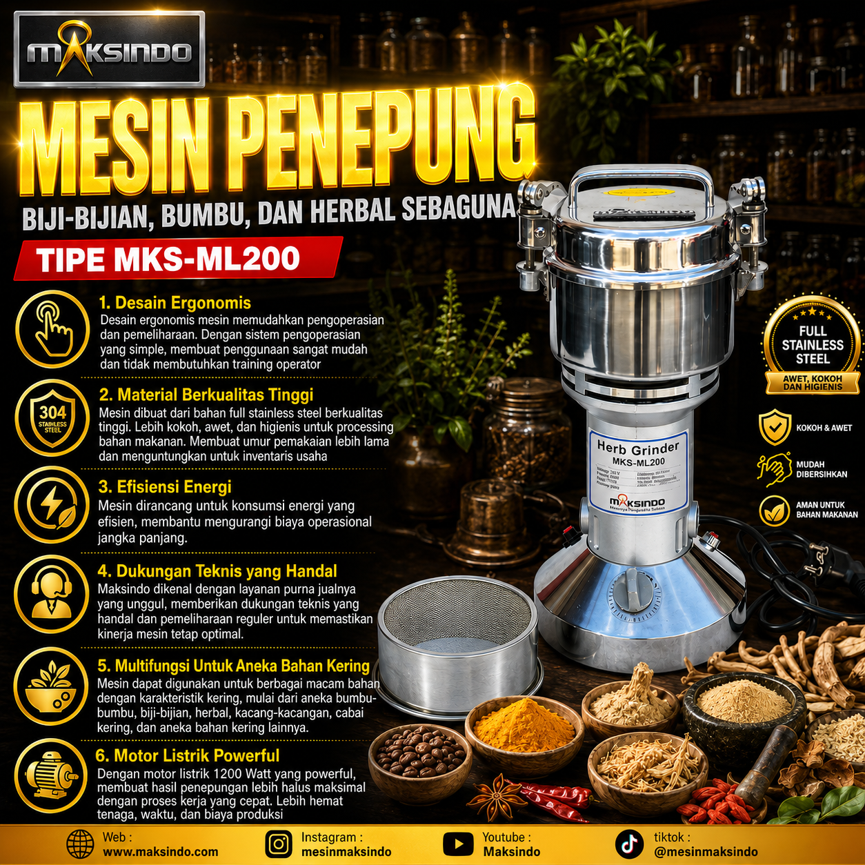 Mesin Penepung Biji-Bijian, Bumbu, Dan Herbal Serbaguna MKS-ML200 - Image 7